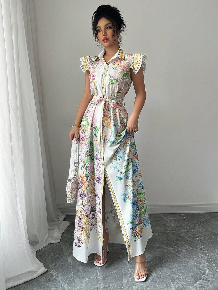 SHEIN Rafferiza فستان  نسائي طويل ستايل قميص مزين بأزرار وطبعة زهور ناعمة