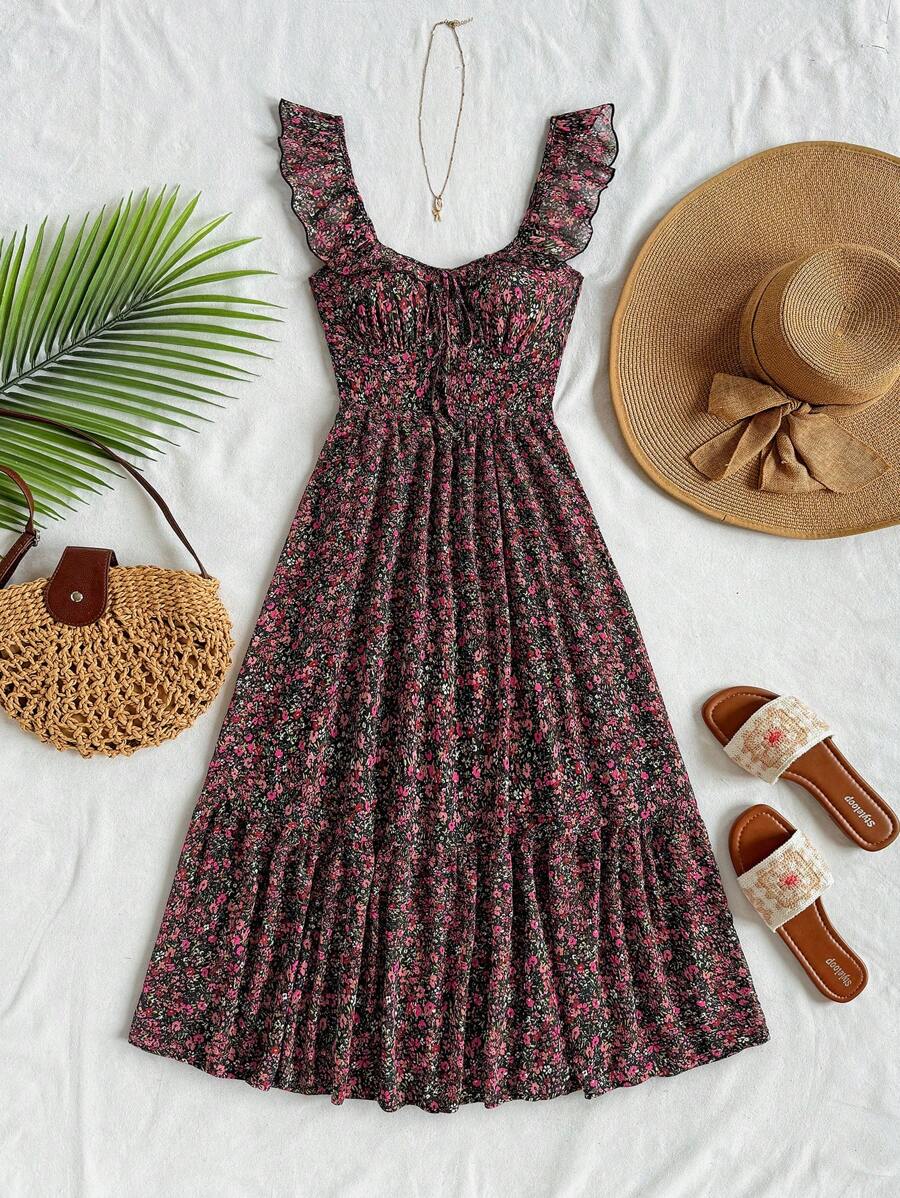 SHEIN Soleia فستان شيفون بخصر مجمع أنيق