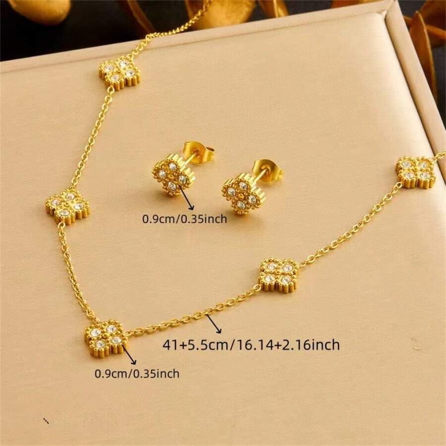 SHEIN طقم مجوهرات سلسلة وأقراط زهرة ذهبية مرصعة بالراين ستون
