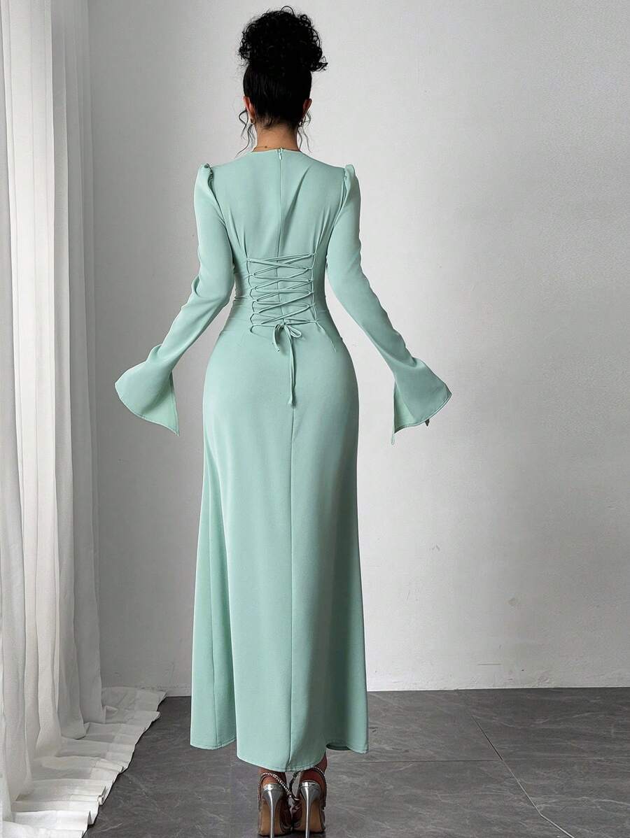 SHEIN Firerie فستان شيفون بلون أخضر نعناعي طويل بخصر محدد وأكمام لوتس