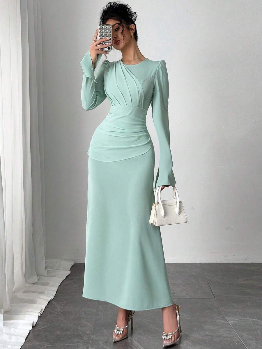 SHEIN Firerie فستان شيفون بلون أخضر نعناعي طويل بخصر محدد وأكمام لوتس