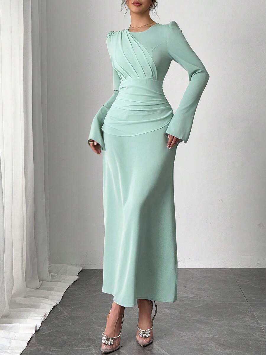 SHEIN Firerie فستان شيفون بلون أخضر نعناعي طويل بخصر محدد وأكمام لوتس