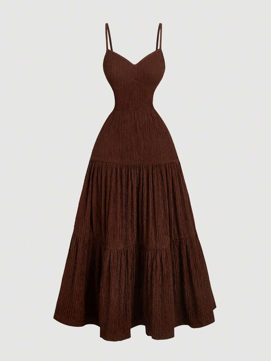 SHEIN MOD فستان بني بأربطة رفيعة وطيات متعددة