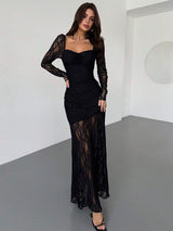 SHEIN Firerie فستان دانتيل أسود طويل أنيق وجذاب
