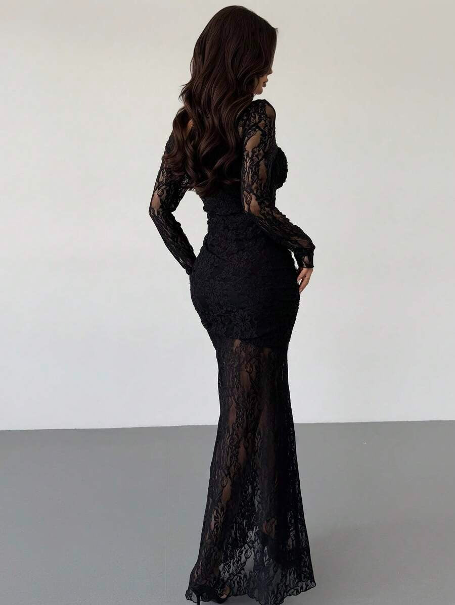 SHEIN Firerie فستان دانتيل أسود طويل أنيق وجذاب
