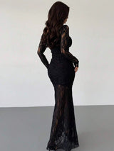 SHEIN Firerie فستان دانتيل أسود طويل أنيق وجذاب