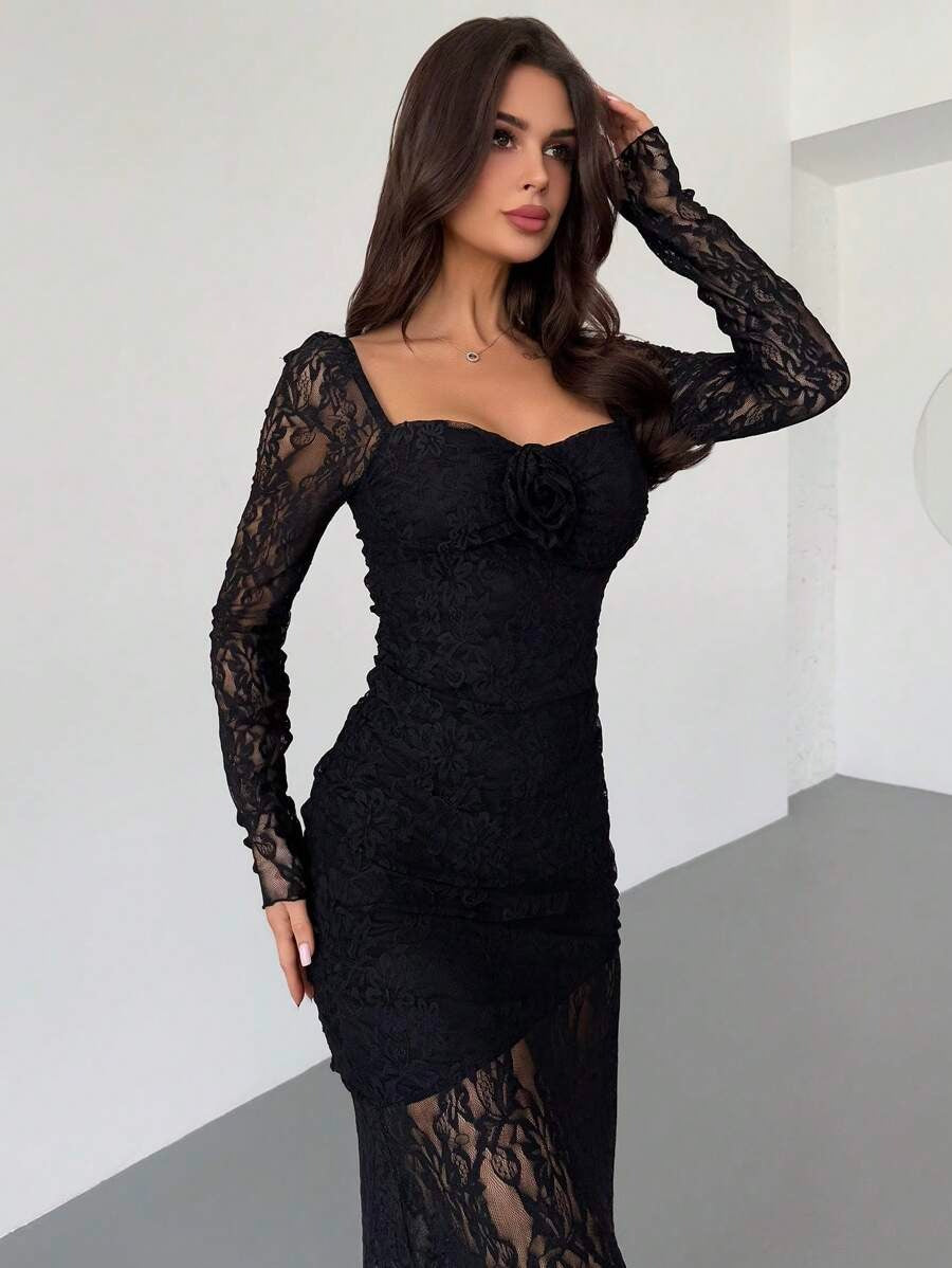 SHEIN Firerie فستان دانتيل أسود طويل أنيق وجذاب