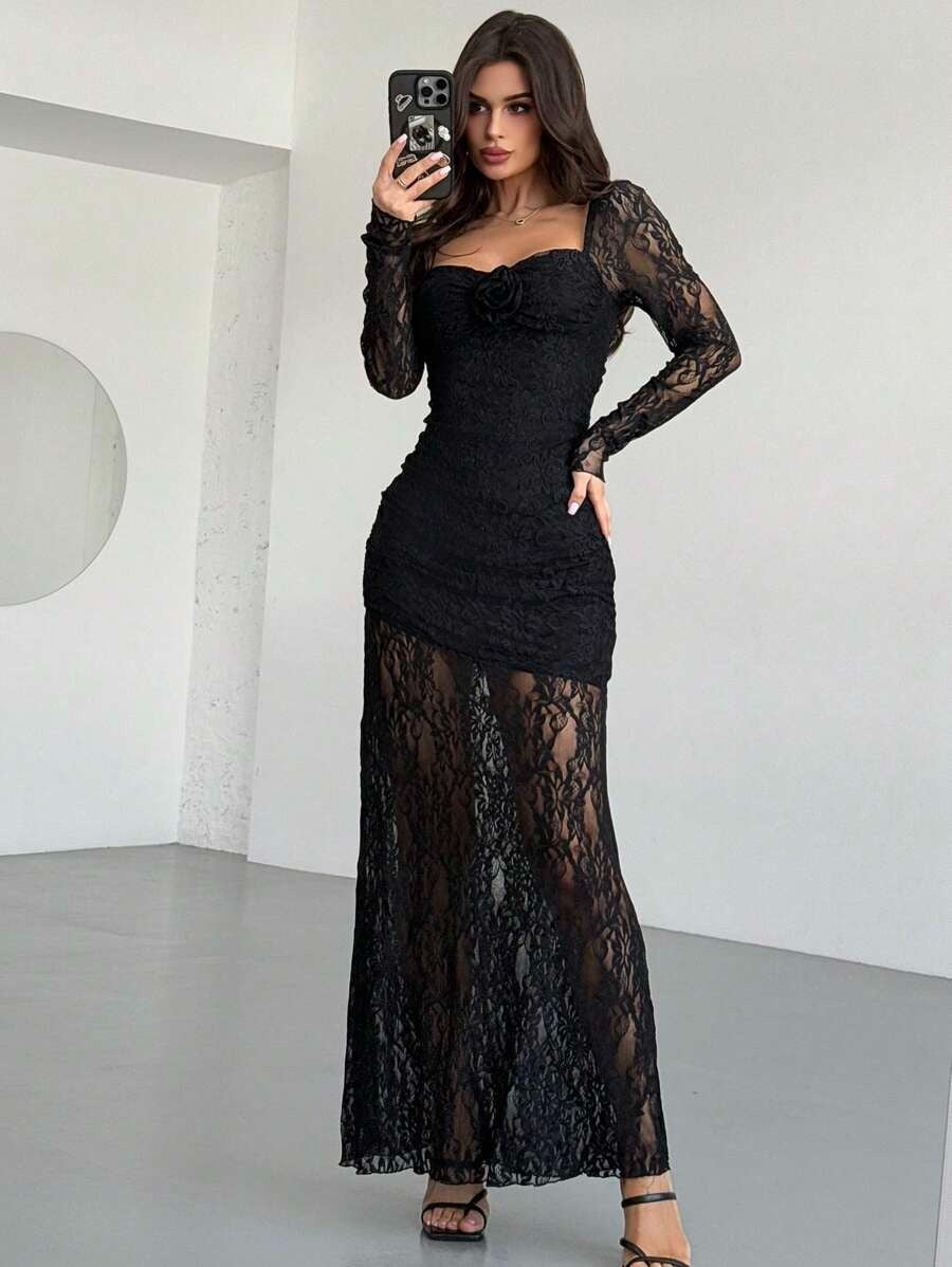 SHEIN Firerie فستان دانتيل أسود طويل أنيق وجذاب