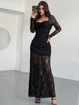 SHEIN Firerie فستان دانتيل أسود طويل أنيق وجذاب
