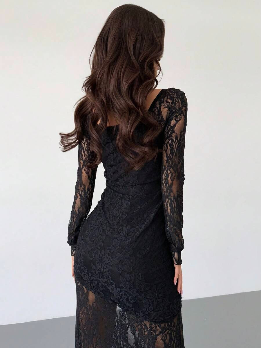 SHEIN Firerie فستان دانتيل أسود طويل أنيق وجذاب