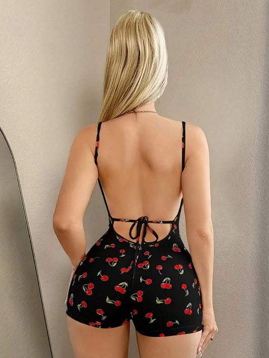 SHEIN جمبسوت نسائي بدون ظهر مطبوع بالكرز