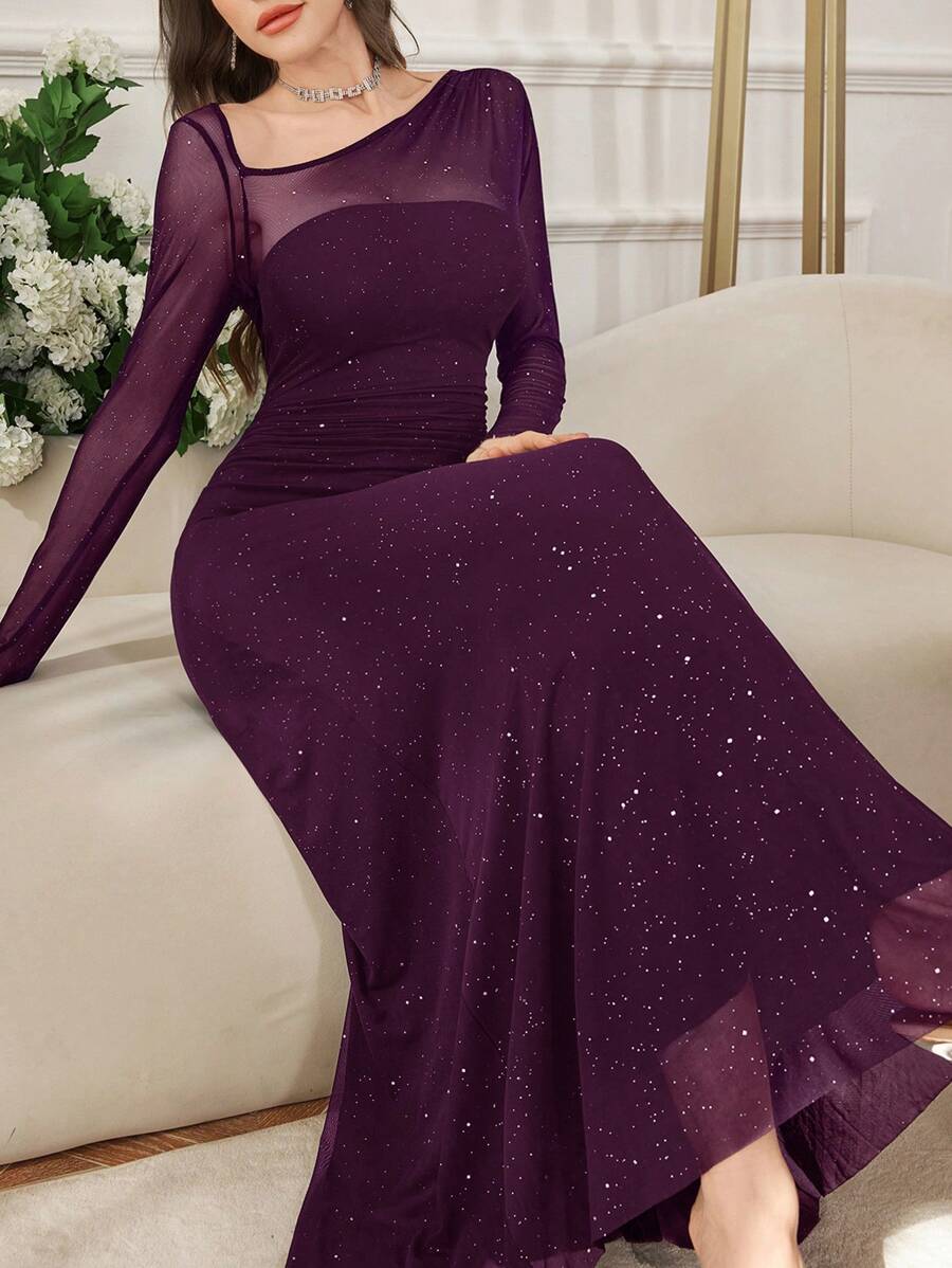 SHEIN Modelyn فستان طويل من الشبك اللامع بياقة غير متماثلة وقصة ضيقة
