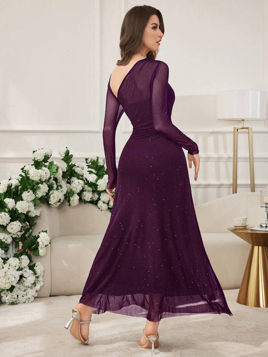SHEIN Modelyn فستان طويل من الشبك اللامع بياقة غير متماثلة وقصة ضيقة