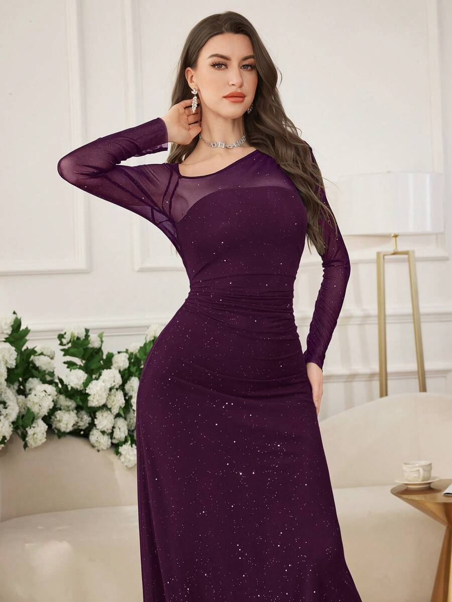 SHEIN Modelyn فستان طويل من الشبك اللامع بياقة غير متماثلة وقصة ضيقة