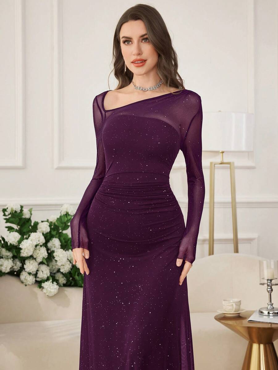 SHEIN Modelyn فستان طويل من الشبك اللامع بياقة غير متماثلة وقصة ضيقة