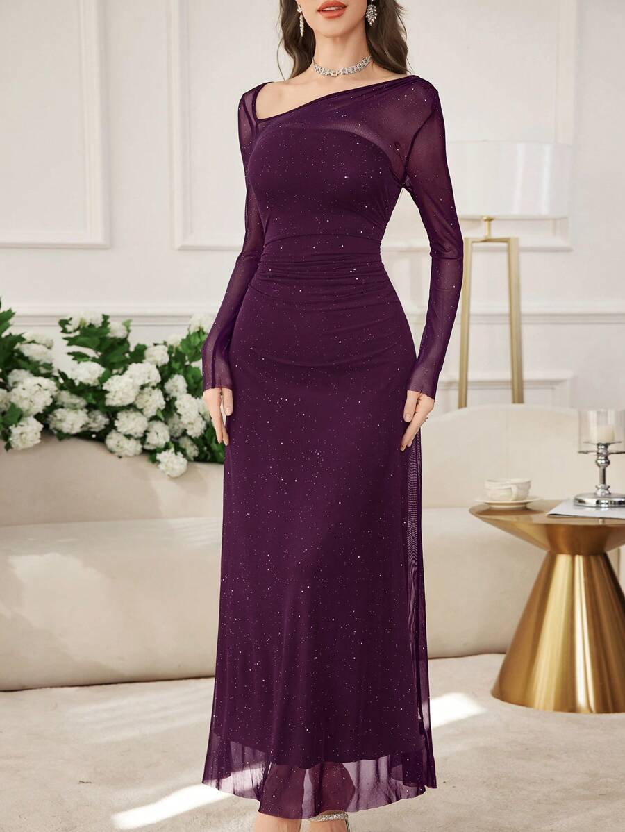 SHEIN Modelyn فستان طويل من الشبك اللامع بياقة غير متماثلة وقصة ضيقة