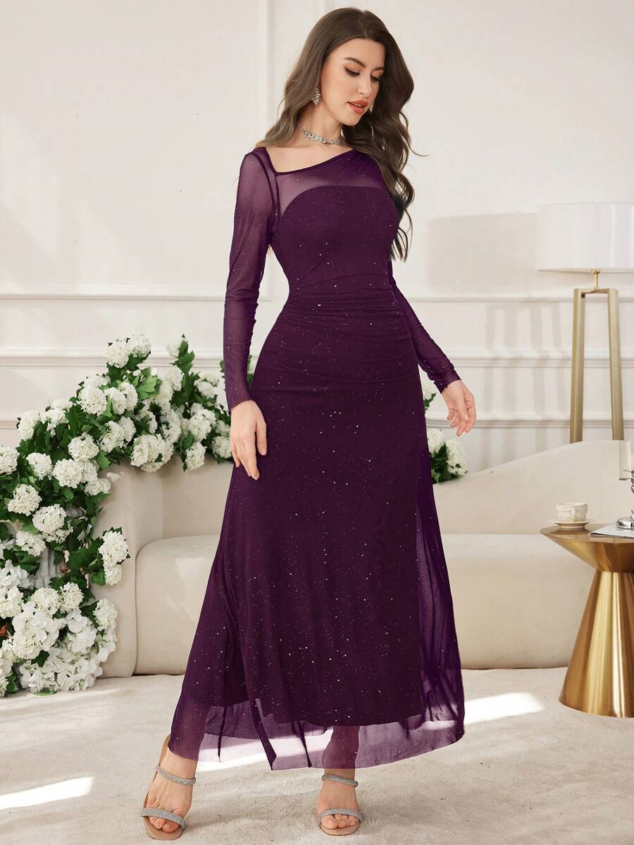 SHEIN Modelyn فستان طويل من الشبك اللامع بياقة غير متماثلة وقصة ضيقة