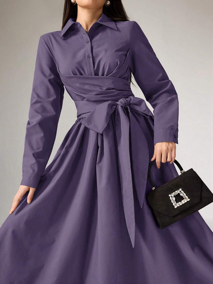 SHEIN HEIRYN فستان عربي طويل محتشم بأكمام طويلة وأزرار أمامية بلون أرجواني