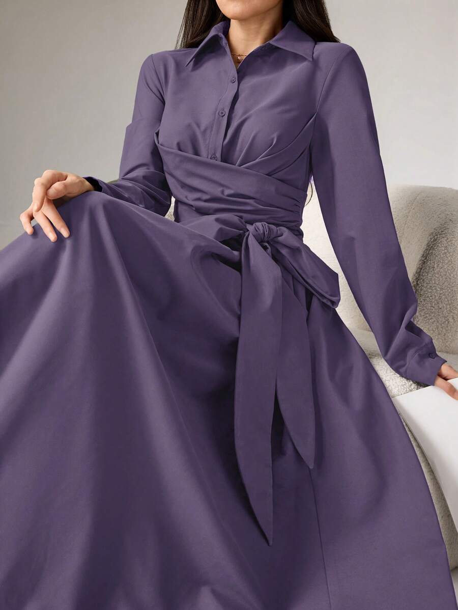 SHEIN HEIRYN فستان عربي طويل محتشم بأكمام طويلة وأزرار أمامية بلون أرجواني