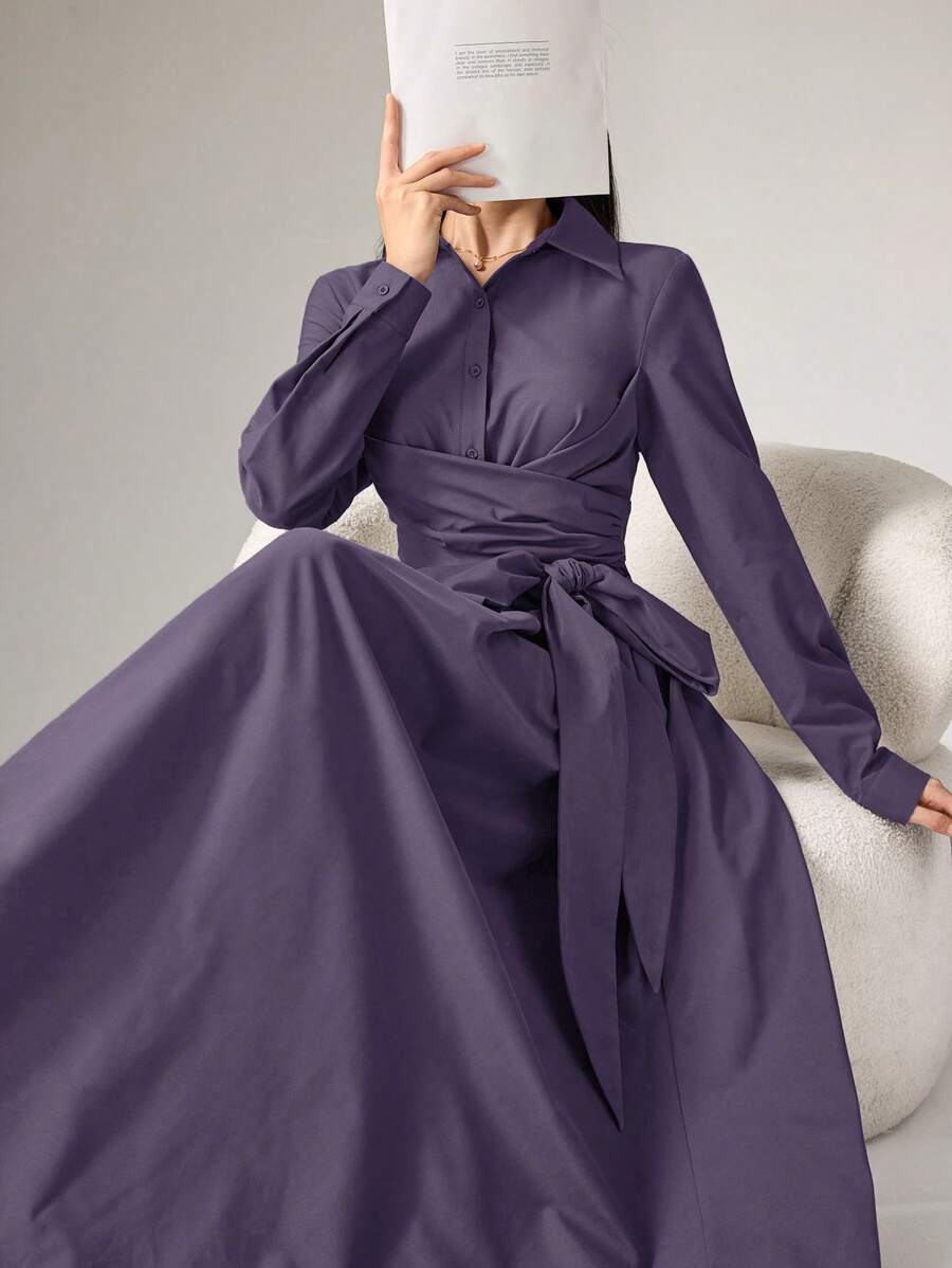 SHEIN HEIRYN فستان عربي طويل محتشم بأكمام طويلة وأزرار أمامية بلون أرجواني