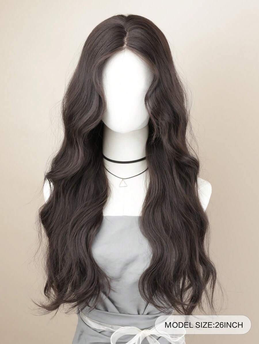 SHEIN طقم باروكة أمامية شعر صناعي 24 بوصة أسود بني