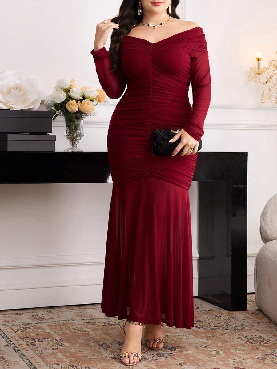 SHEIN Modelyn فستان عنابي  بأكمام طويلة للمقاسات الكبيرة