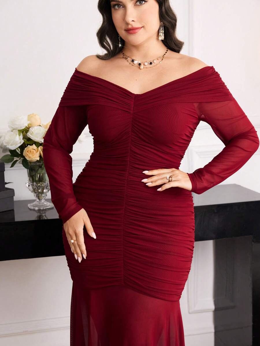 SHEIN Modelyn فستان عنابي  بأكمام طويلة للمقاسات الكبيرة