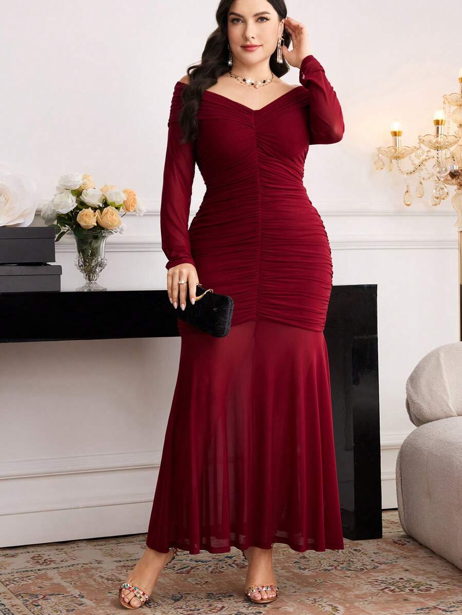 SHEIN Modelyn فستان عنابي  بأكمام طويلة للمقاسات الكبيرة