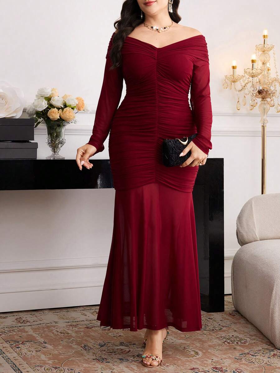 SHEIN Modelyn فستان عنابي  بأكمام طويلة للمقاسات الكبيرة