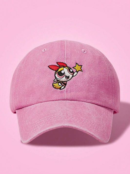 SHEIN THE POWERPUFF GIRLS قبعة بيسبول وردية مطرزة بفتاة القوة