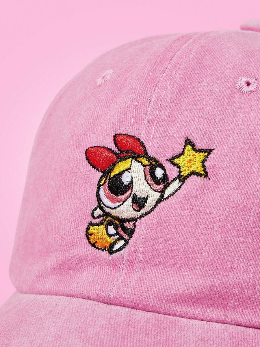 SHEIN THE POWERPUFF GIRLS قبعة بيسبول وردية مطرزة بفتاة القوة