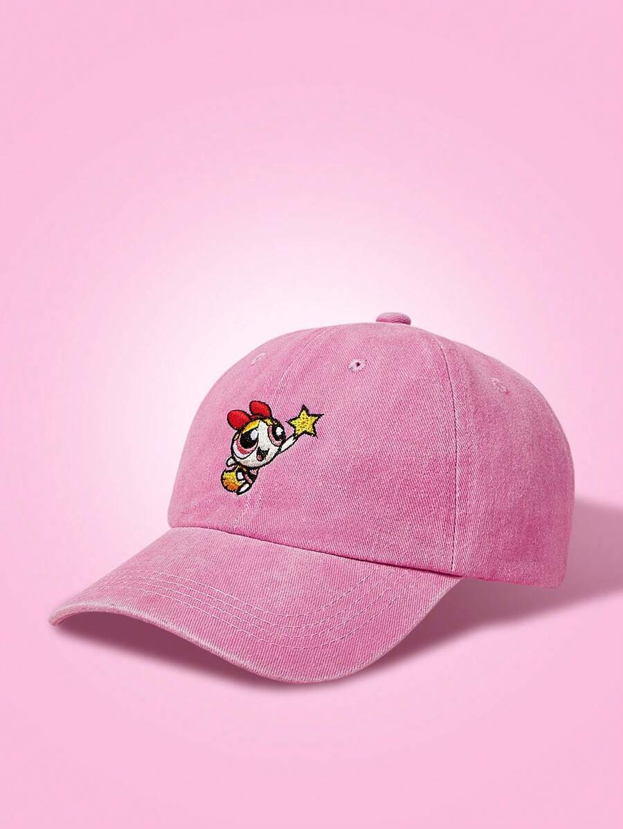SHEIN THE POWERPUFF GIRLS قبعة بيسبول وردية مطرزة بفتاة القوة
