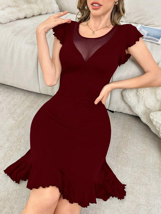 SHEIN DUSKBASE قميص نوم بياقة واسعة وأكمام قصيرة مجعدة