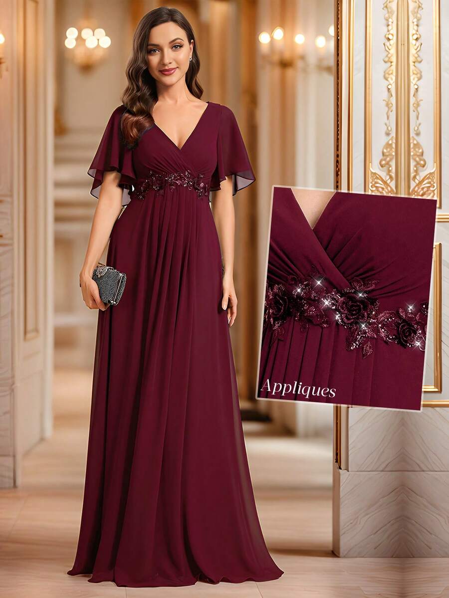 SHEIN فستان من الشيفون باللون العنابي بأكمام قصيرة
