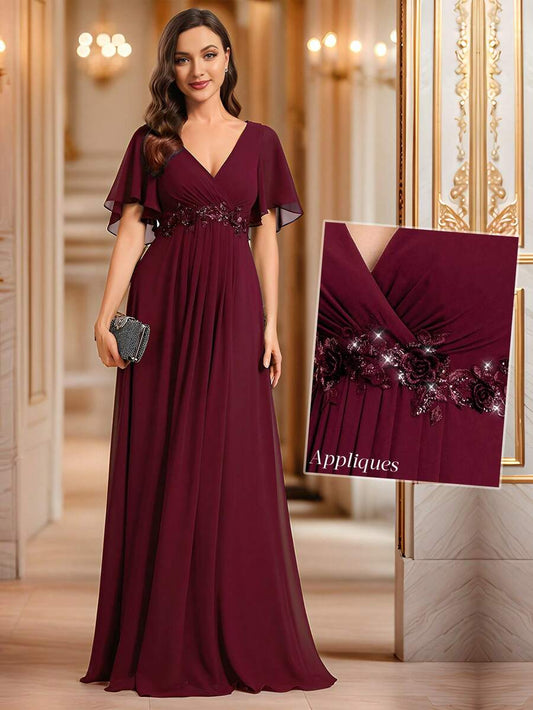 SHEIN فستان من الشيفون باللون العنابي بأكمام قصيرة