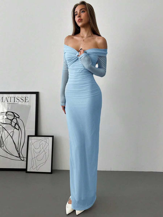 SHEIN Aloruh فستان ازرق مكشوف الأكتاف شبكي مطوي