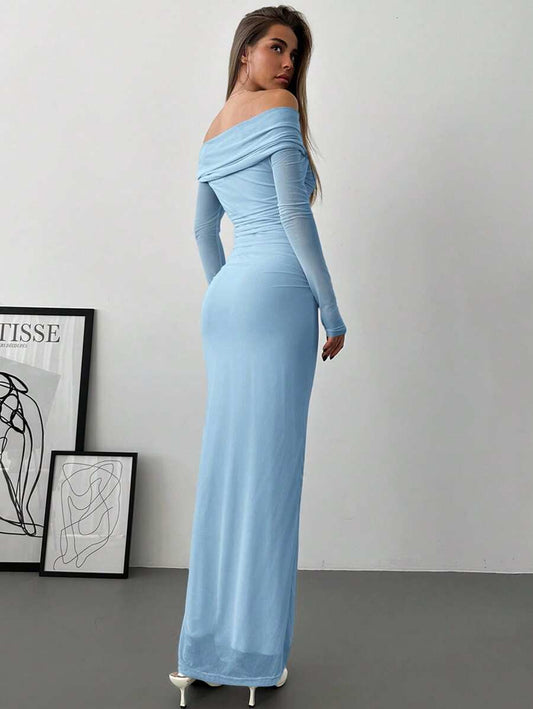 SHEIN Aloruh فستان ازرق مكشوف الأكتاف شبكي مطوي