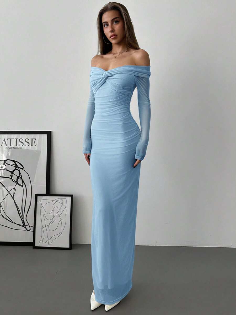SHEIN Aloruh فستان ازرق مكشوف الأكتاف شبكي مطوي