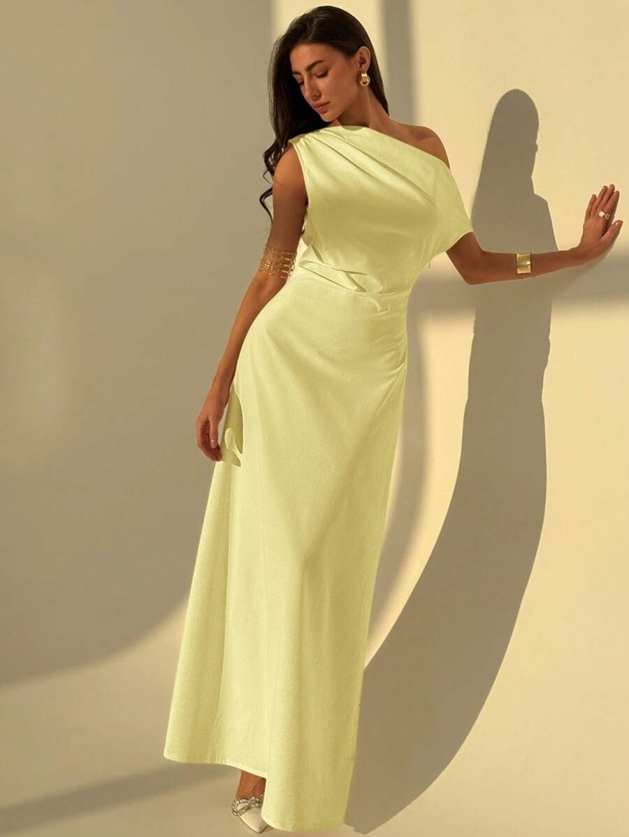 SHEIN Aloruh  فستان ماكسي بلون أصفر وقصة غير متماثلة وأكمام مكشوفة