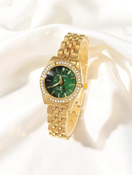 SHEIN CARYINO ساعة ستانلس ستيل ذهبية مرصعة بالكريستال للنساء