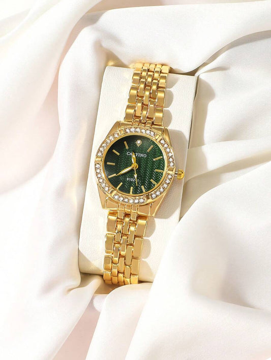 SHEIN CARYINO ساعة ستانلس ستيل ذهبية مرصعة بالكريستال للنساء