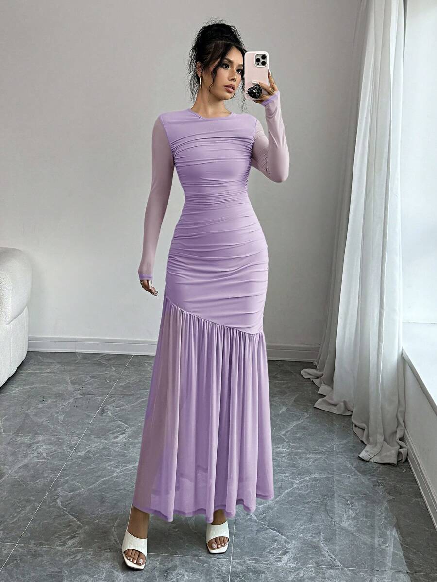 SHEIN FIRERIE فستان كاجوال بأكمام طويلة وياقة دائرية من الشبك بلون أرجواني