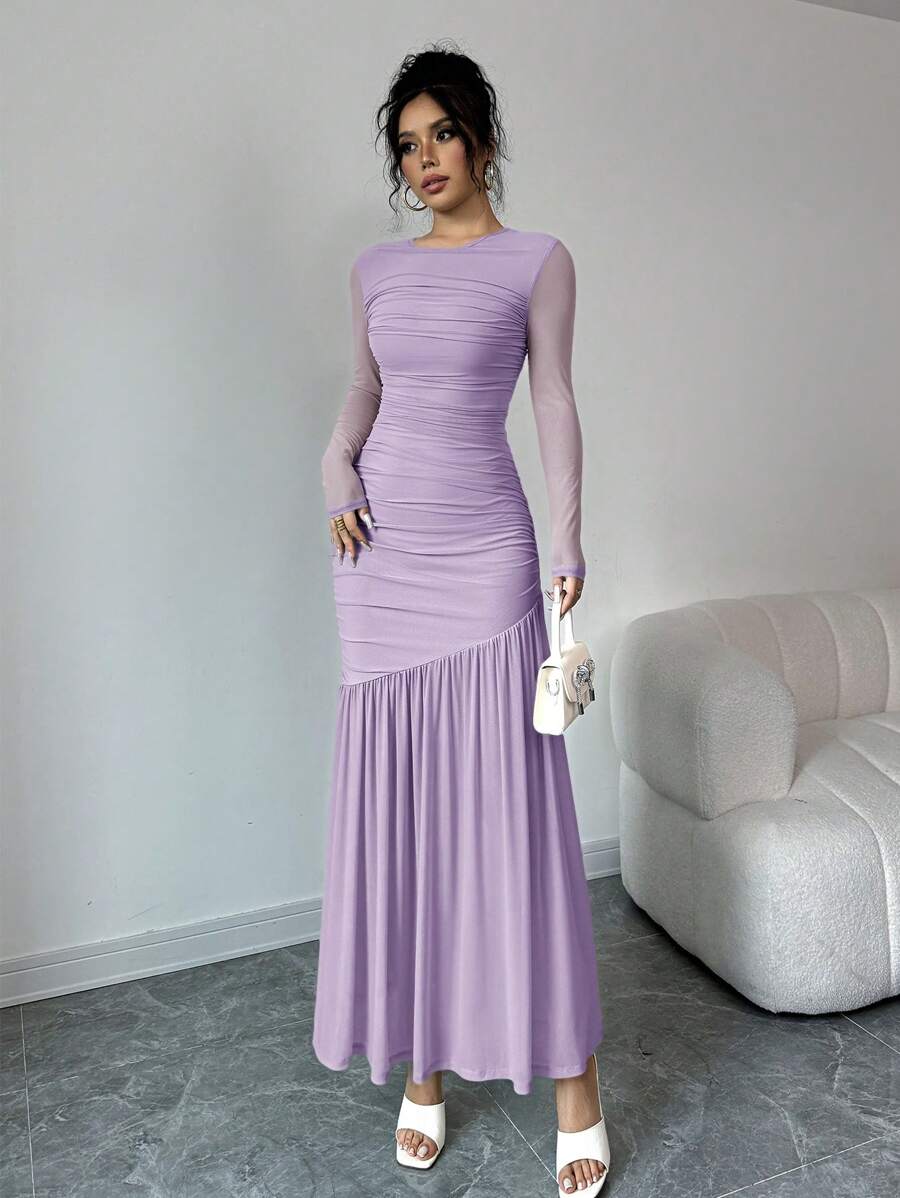 SHEIN FIRERIE فستان كاجوال بأكمام طويلة وياقة دائرية من الشبك بلون أرجواني
