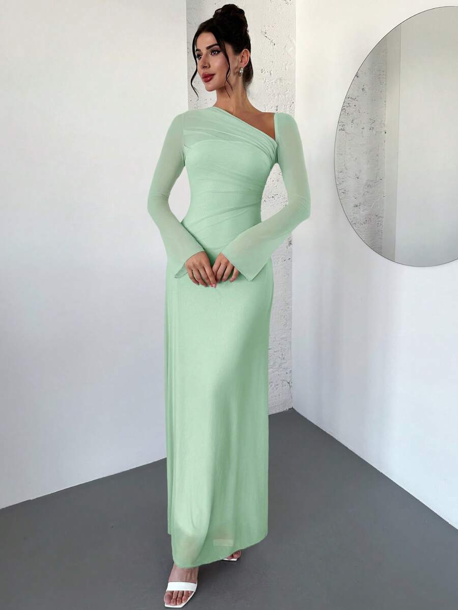 SHEIN Firerie فستان اخضر طويل غير متماثل عند الكتف