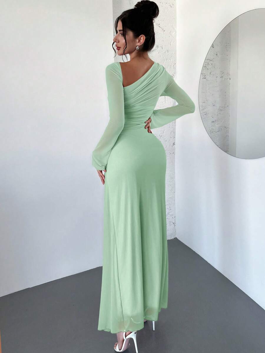 SHEIN Firerie فستان اخضر طويل غير متماثل عند الكتف