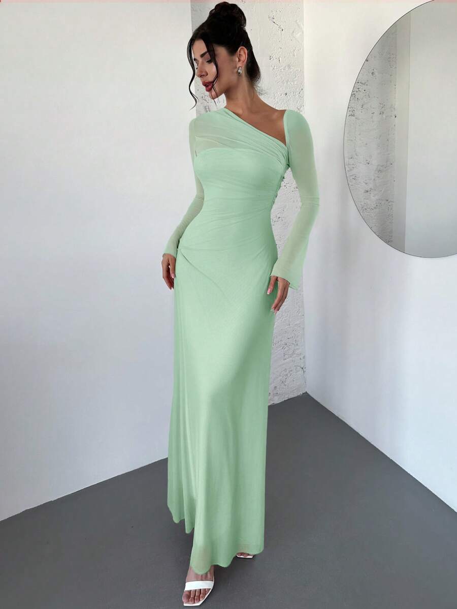 SHEIN Firerie فستان اخضر طويل غير متماثل عند الكتف