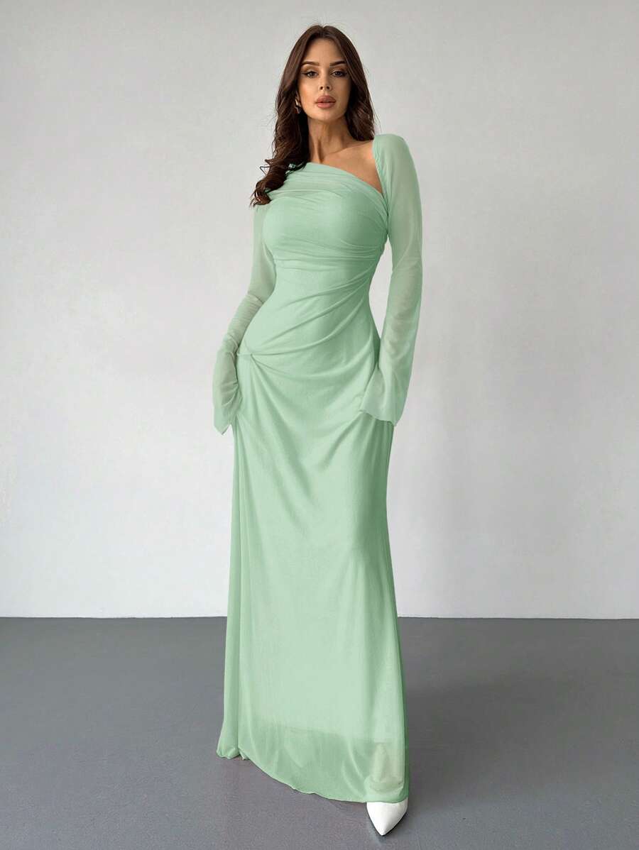 SHEIN Firerie فستان اخضر طويل غير متماثل عند الكتف
