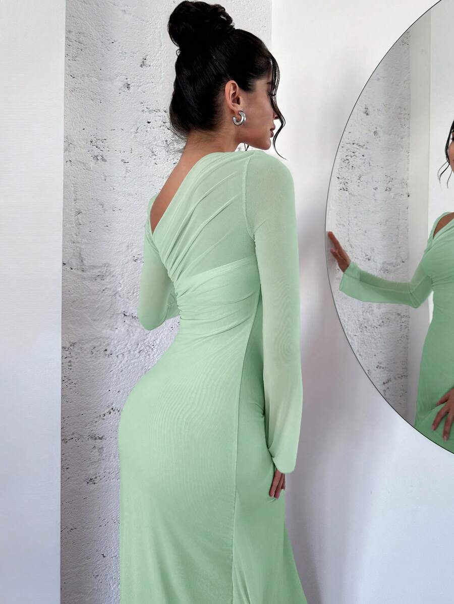 SHEIN Firerie فستان اخضر طويل غير متماثل عند الكتف