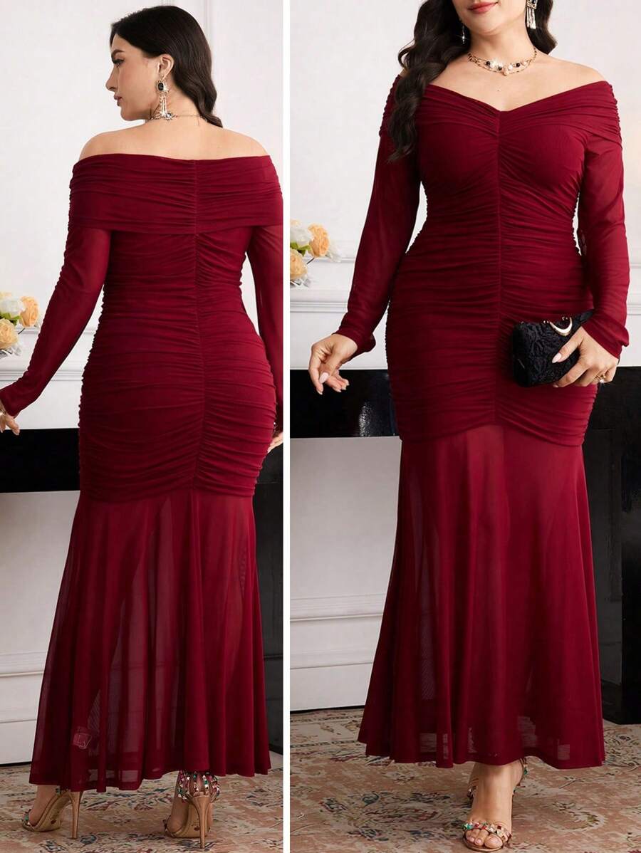 SHEIN Modelyn فستان عنابي  بأكمام طويلة للمقاسات الكبيرة