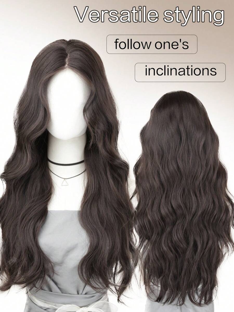 SHEIN طقم باروكة أمامية شعر صناعي 24 بوصة أسود بني